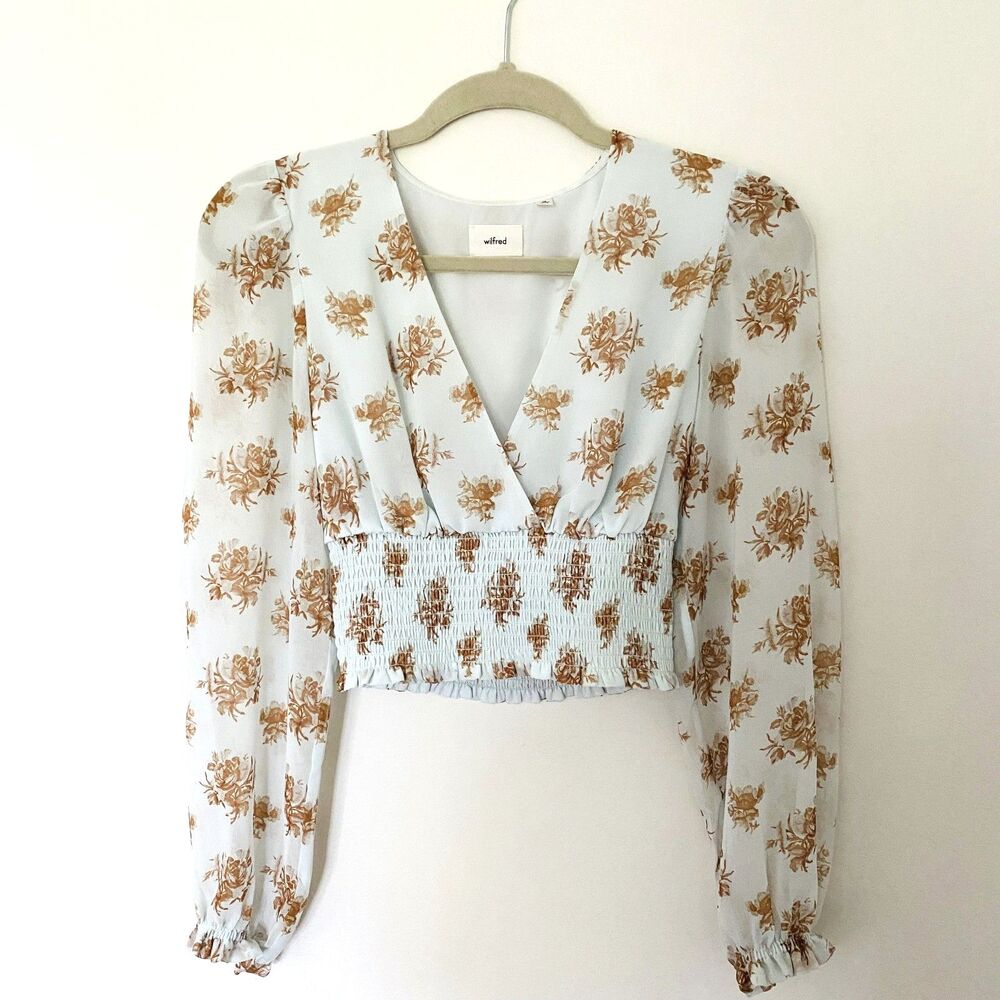 Aritzia Wilfred Puff Sleeve Minty Green Smock Cropped Blouse Tops Sz XS
